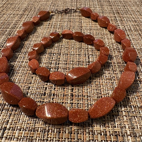 Chunky Gold Stone Bead Necklace & Bracelet Set Handmade Jewelry 16” - Picture 4 of 6